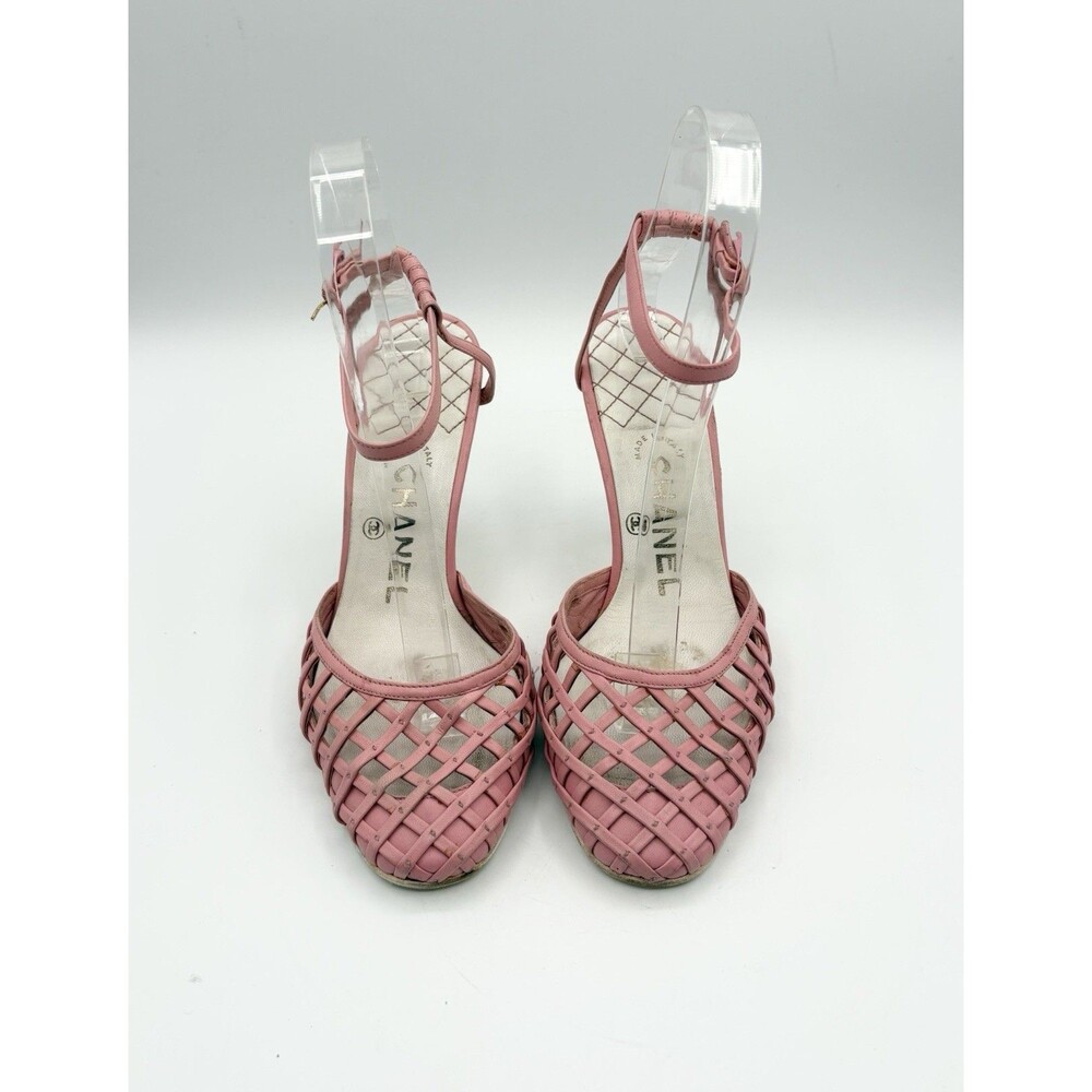 Chanel Pink Basketweave Leather CC Logo Ankle Strap Heels D'Orsay Sz EU 35.5 - Picture 5 of 12